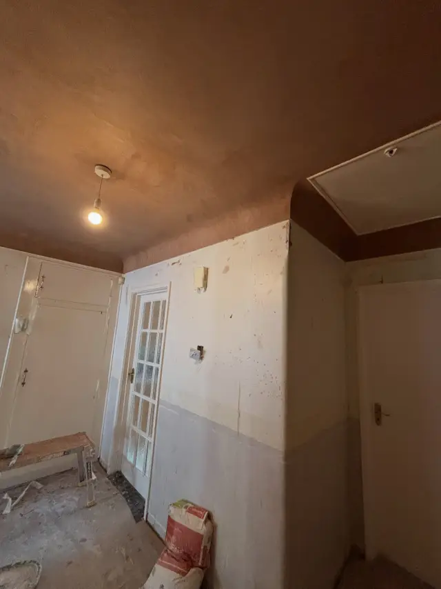 Terracotta-toned plaster in spacious room